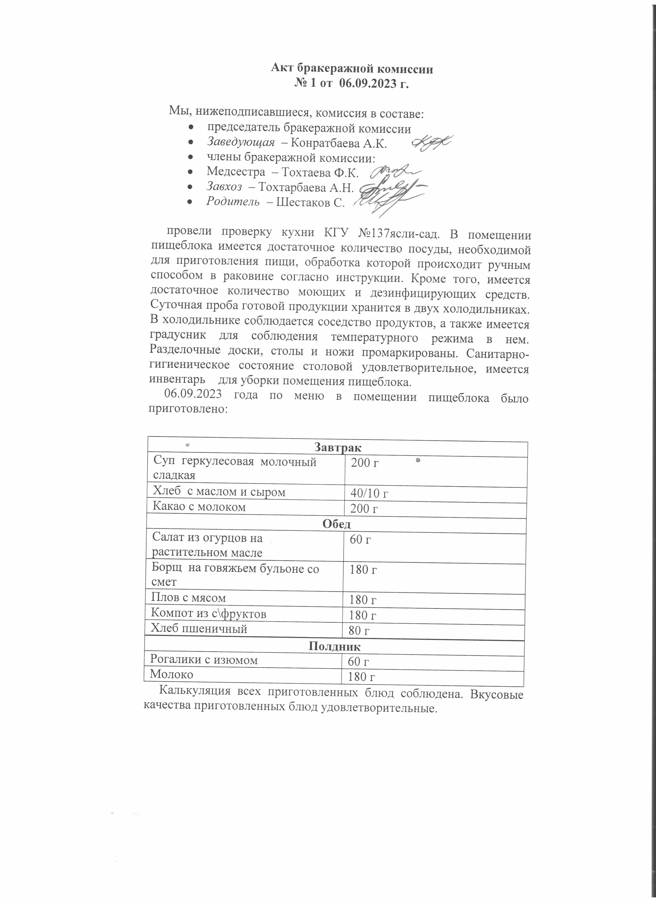 Акт бракеражной комиссии