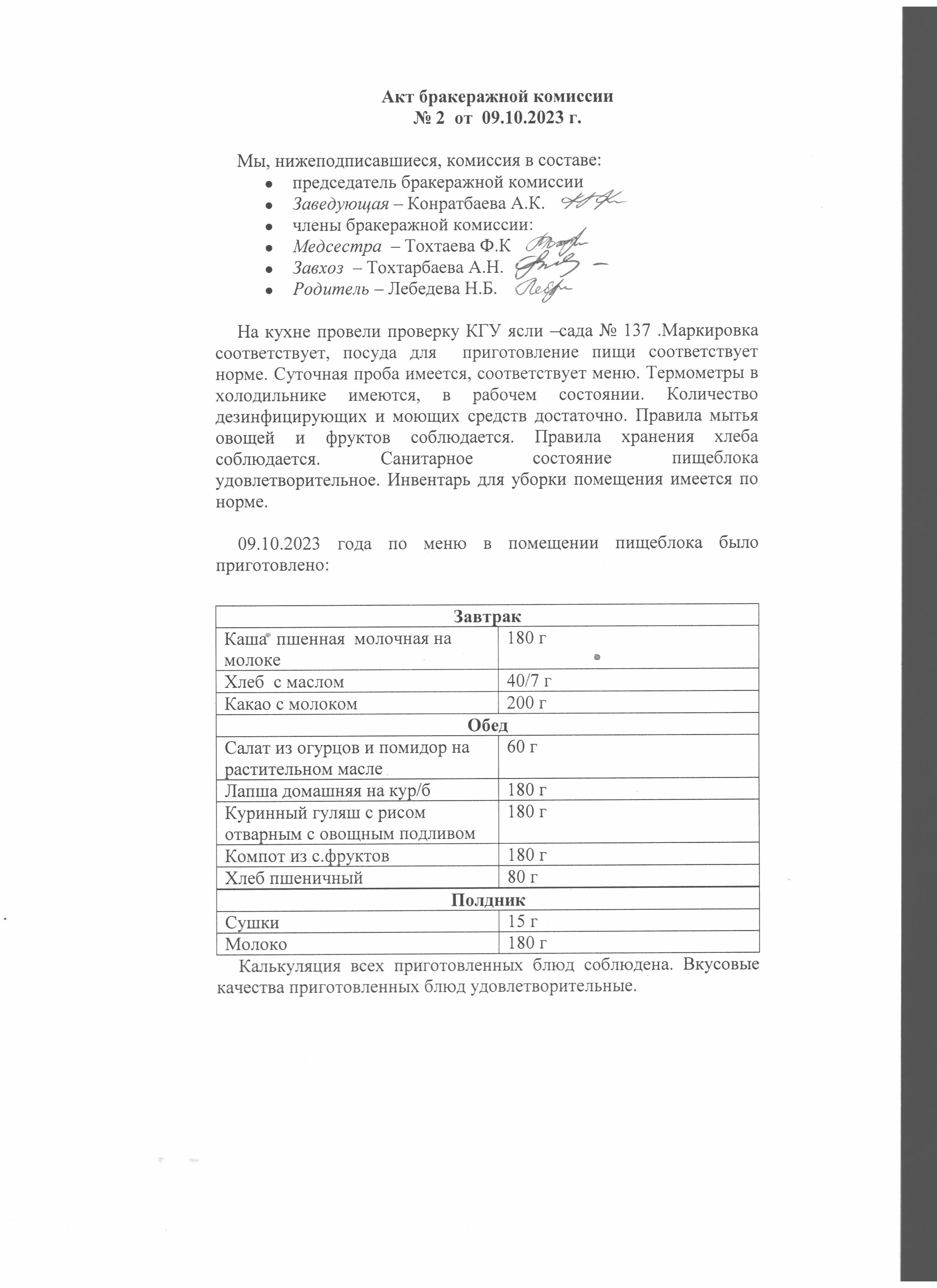 Акт бракеражной комиссии