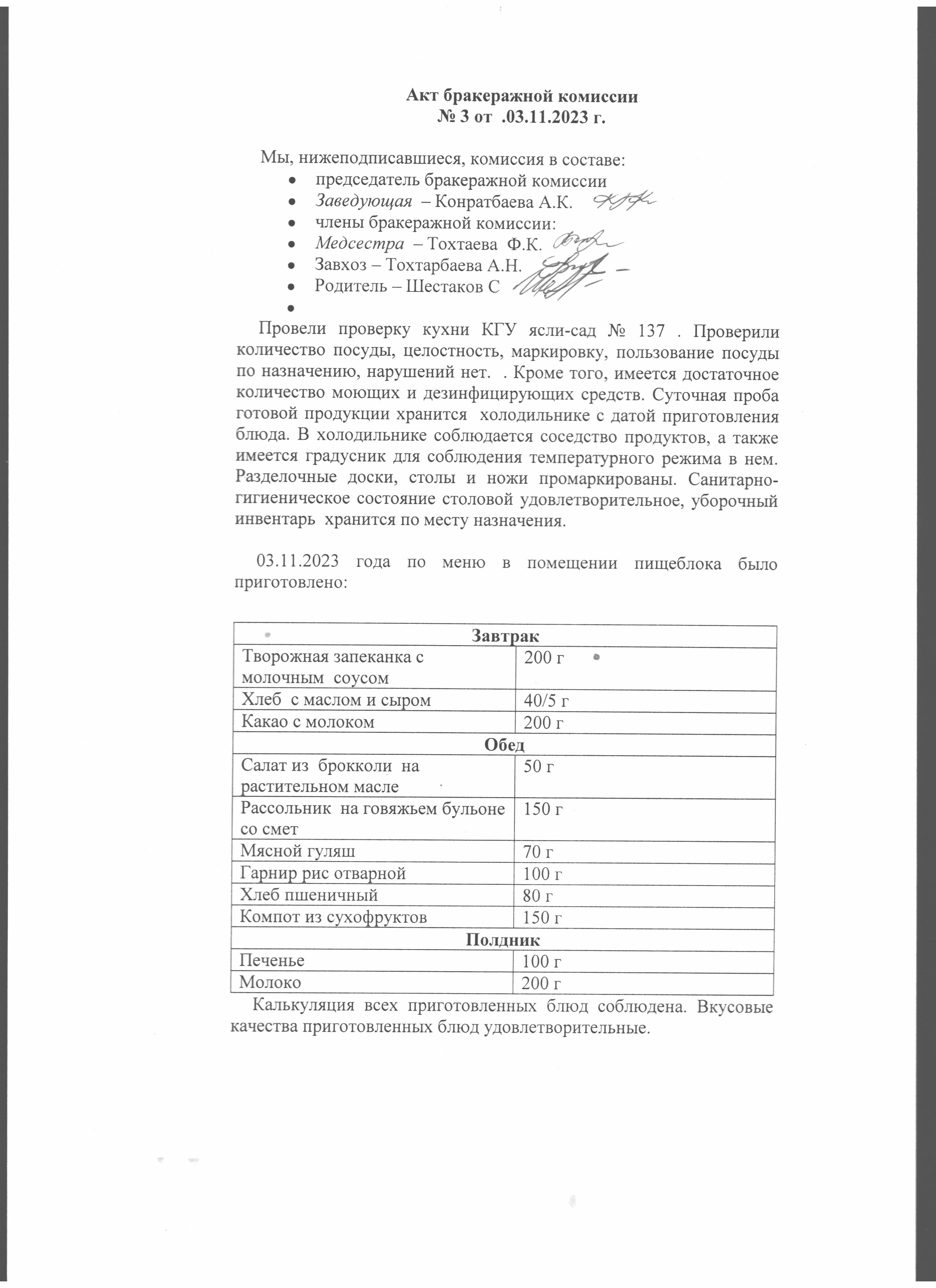 Акт бракеражной комиссии