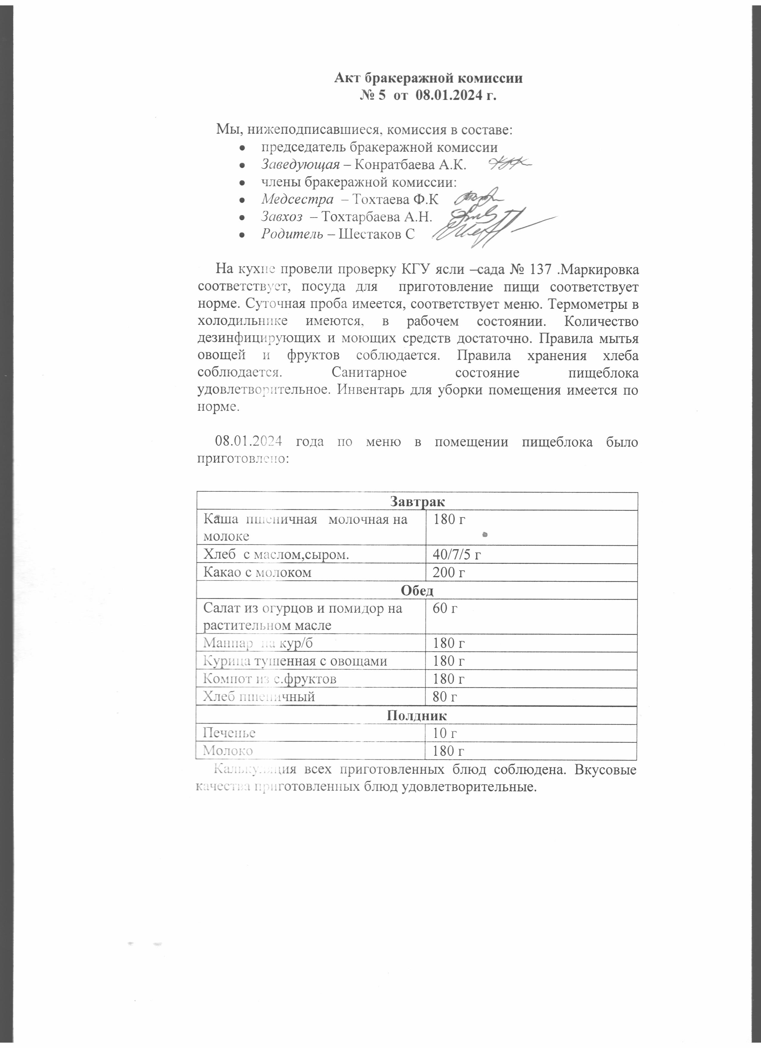 Акт бракеражной комиссии